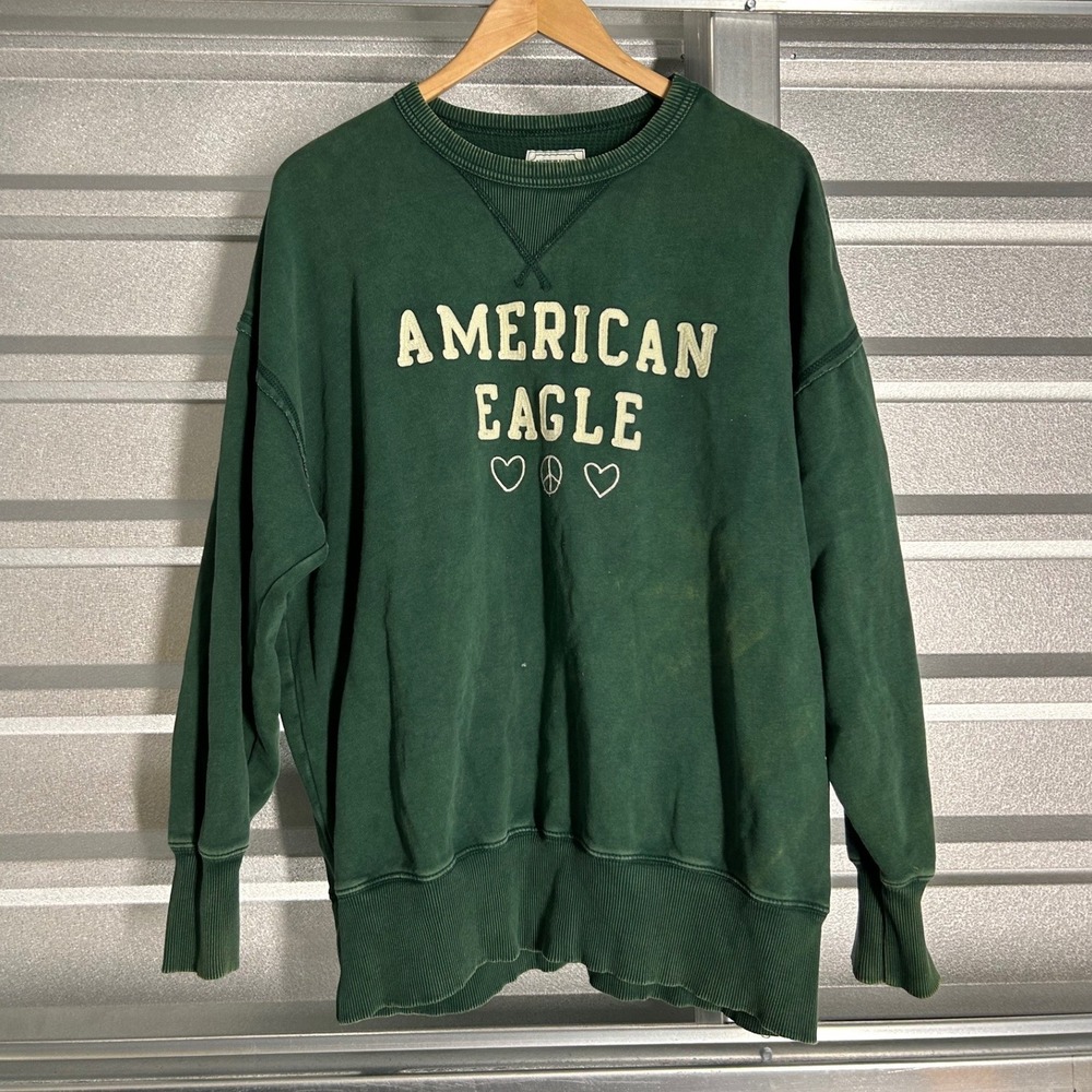 American Eagle Forest Green Chenille Logo Crewneck Sweatshirt Medium Peace Heart